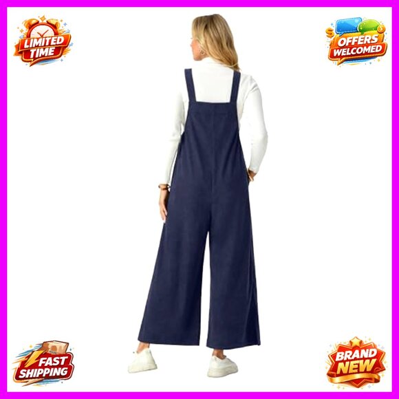 Corduroy Wide Leg Jumpsuit Adjustable Romper with Pockets Sleeveless Overalls - Picture 5 of 7